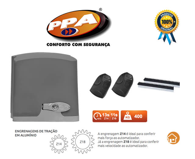 Kit Motor Portão Deslizante PPA DZ Custom Rio 1/4 HP (Residência) 11 e 13 segundos - EP-5022