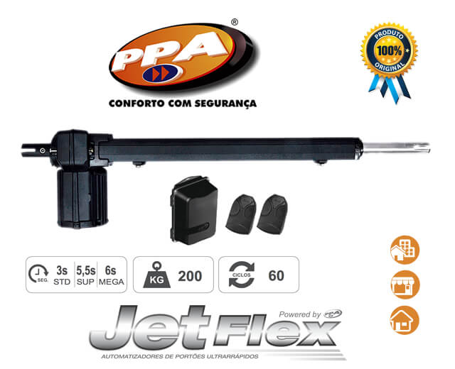 Kit Motor Portão Pivotante PPA<br> Piston Predial JetFlex 1/3 HP<br> <strong class='red-light'>(Residência, Comércio, Condomínio)</strong><br> <strong class='automacao-tempo-abertura'>3, 5.5 e 6 segundos</strong> EP-5040